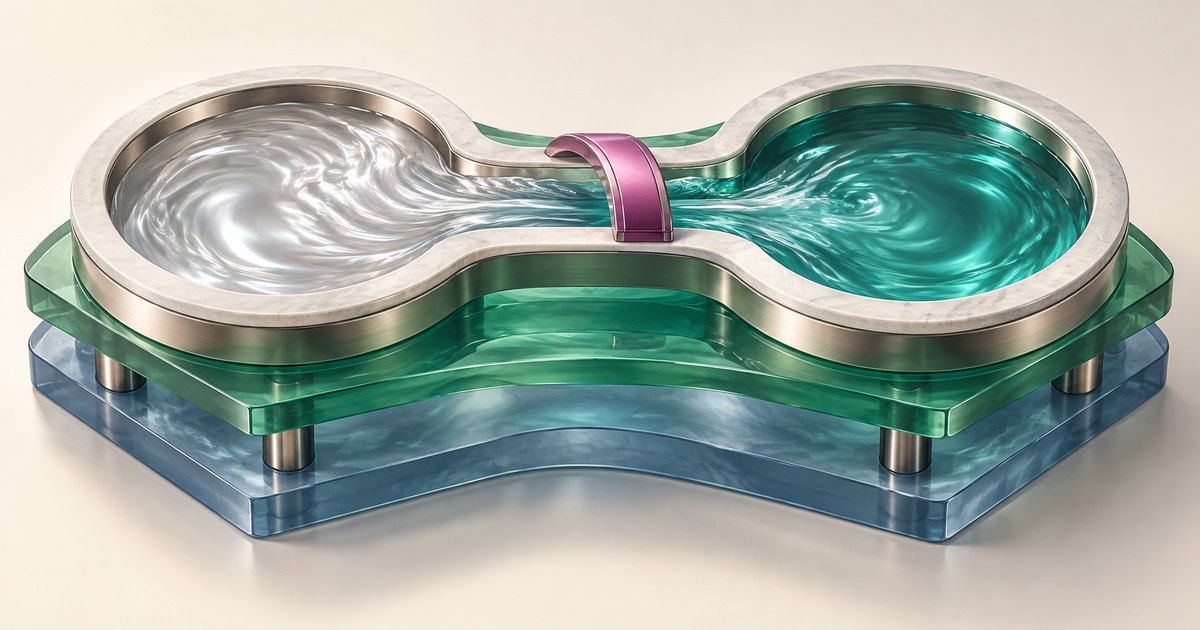 Editorial illustration: Silver and teal liquid swirl in two connected circular reservoirs, with a pink arch over the narrow connecting channel and translucent green and blue platforms underneath.