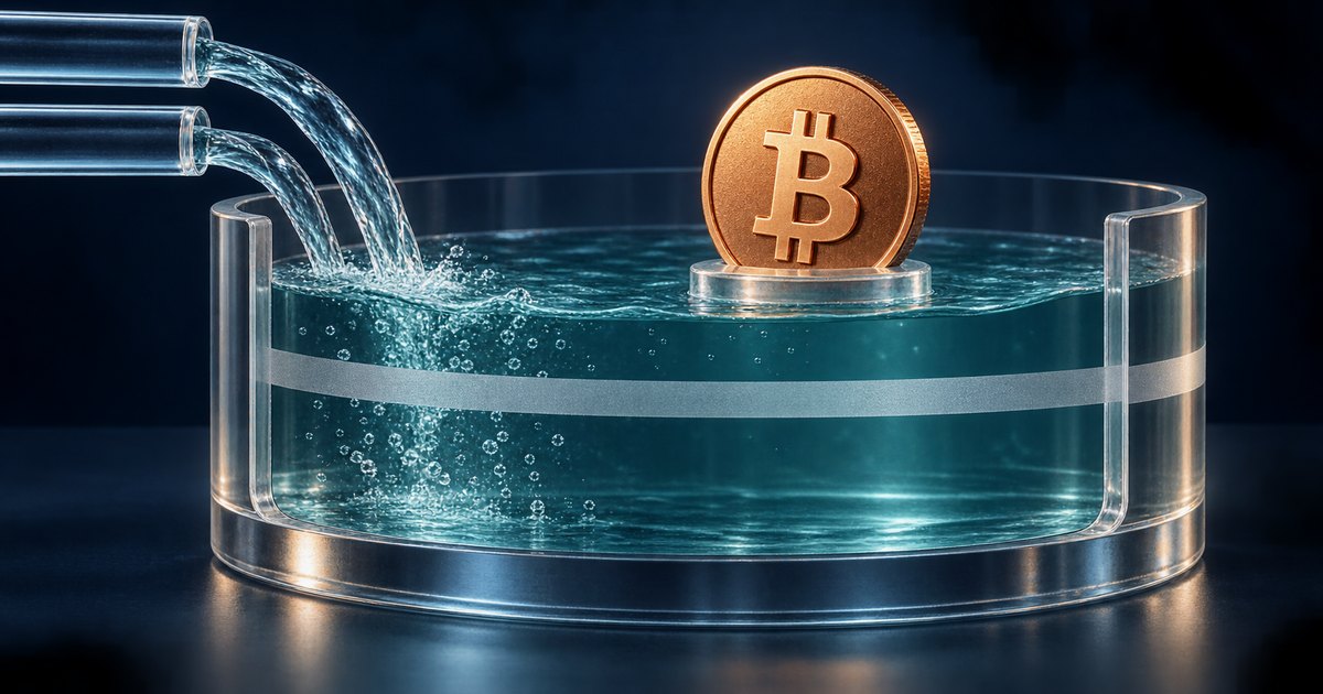 Editorial illustration: Two glass pipes pour water into a transparent circular tank with a horizontal silver band. A gold Bitcoin coin stands on a clear pedestal above the water against a dark blue background.