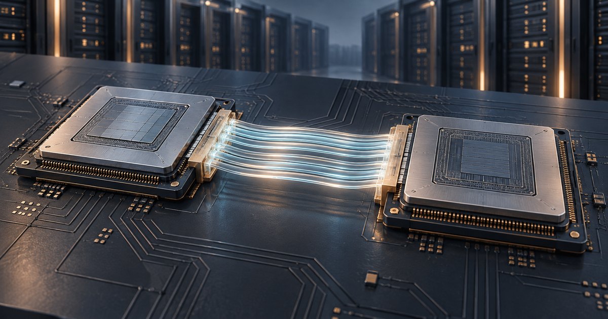 Editorial illustration: Glowing blue-white strands connect two metallic chips on a dark circuit board, with rows of server racks in the background.
