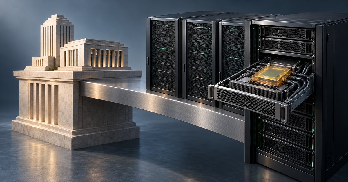 Editorial illustration: A stone civic building connects by a broad metal bridge to dark server racks. An open server tray holds a glowing gold chip amid cables and cooling components.