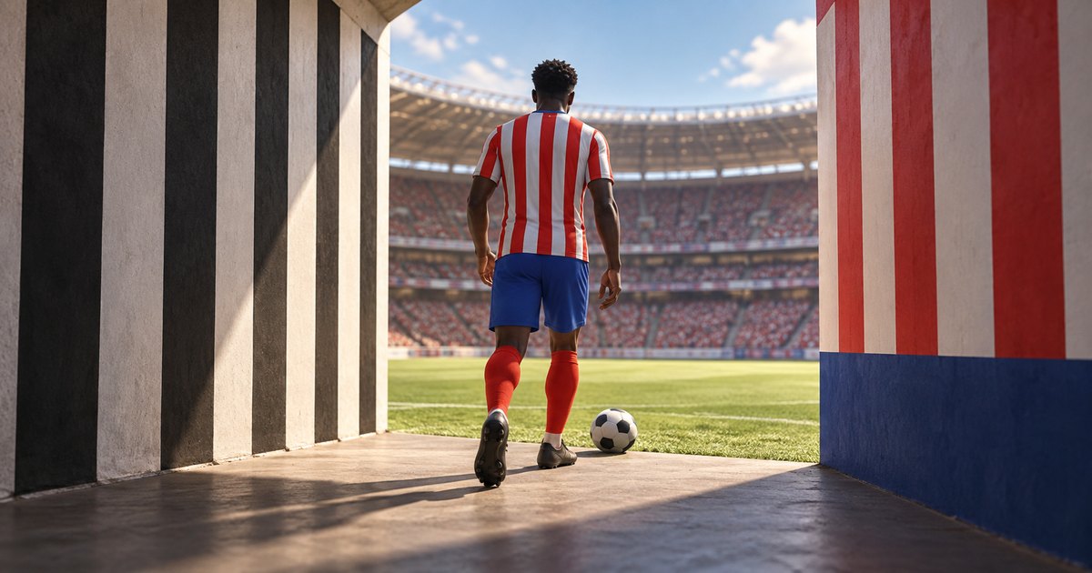 Editorial illustration: A footballer seen from behind in a red-and-white striped shirt, blue shorts and red socks approaches a ball and sunlit pitch between contrasting striped tunnel walls.