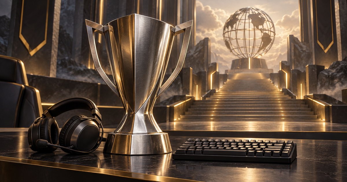 Editorial illustration: A silver trophy, black gaming headset and keyboard sit on a polished dark desk. Behind them, golden-lit stairs ascend toward a large metal globe.