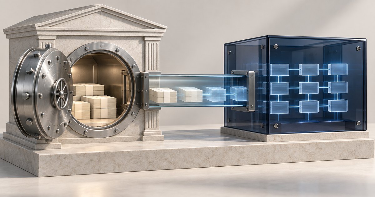 Editorial illustration: An open metal bank vault holds pale bundles that extend through a transparent passage toward glowing, connected blocks inside a dark blue glass enclosure.