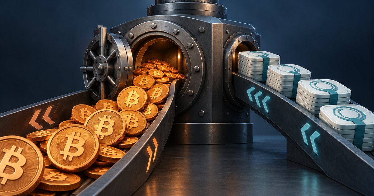 Editorial illustration: Gold Bitcoin coins spill from an open metal vault down a left-hand chute, while pale token bundles approach a side opening on a right-hand conveyor. Orange and cyan arrows indicate opposing flows.