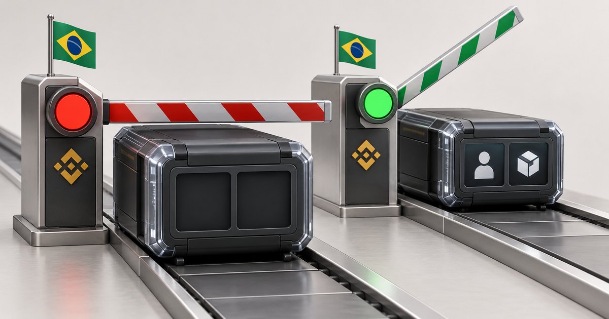 Editorial illustration: Two dark containers sit on parallel conveyor belts beside checkpoints bearing Brazilian flags and Binance symbols. A red light and lowered barrier block the container with blank panels; a green light and raised gate 