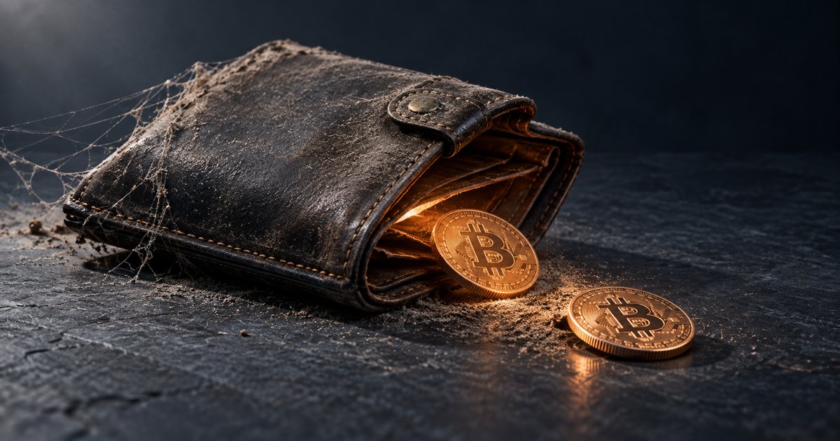 Editorial illustration: A dusty black leather wallet covered in cobwebs sits partly open on a dark surface, with one gold Bitcoin coin at its opening and another lying nearby.