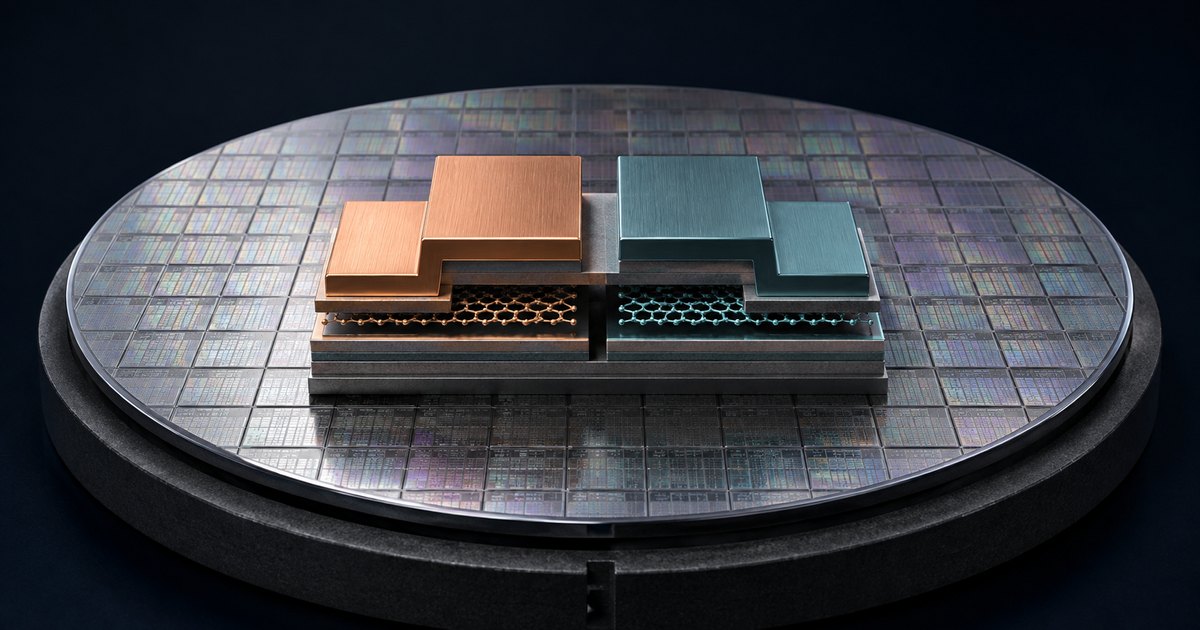 Editorial illustration: Copper and teal stepped structures sit above exposed honeycomb layers on a circular, patterned semiconductor wafer against a dark background.