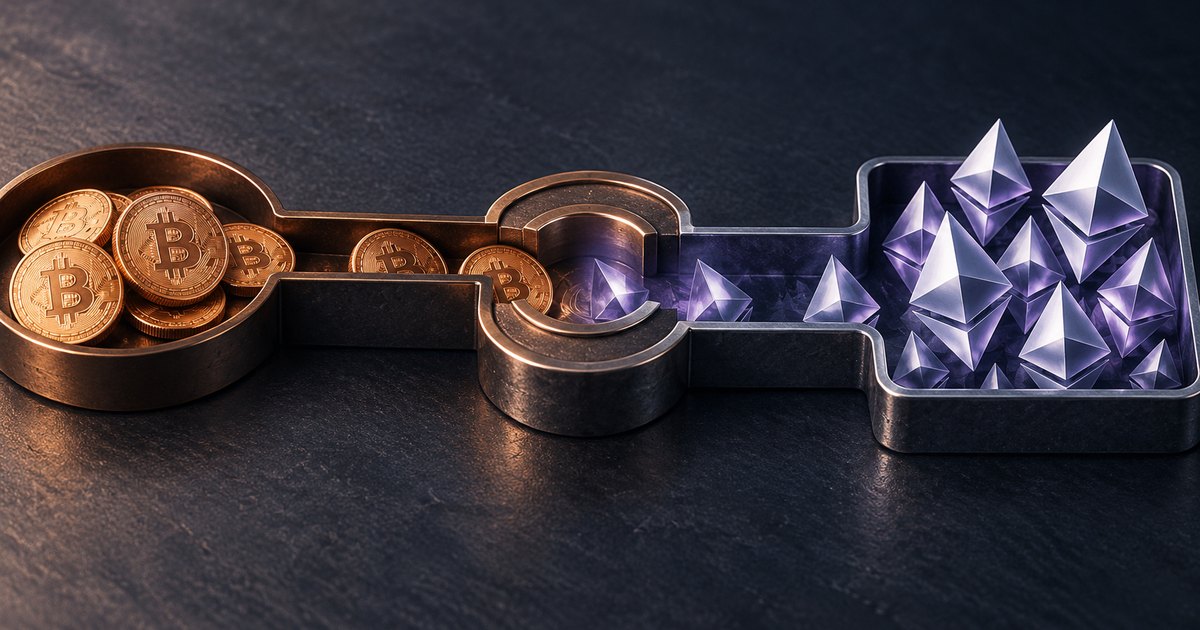 Editorial illustration: Gold Bitcoin coins in a round metal tray connect through a circular chamber to purple Ethereum symbols in a rectangular tray on a dark textured surface.