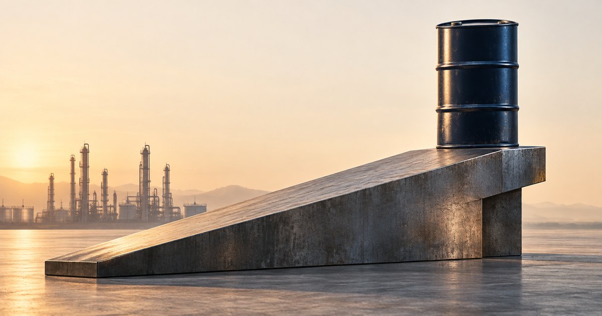 Editorial illustration: A dark oil barrel stands at the high end of a concrete ramp rising from left to right, with a distant refinery beneath a warm golden sky.