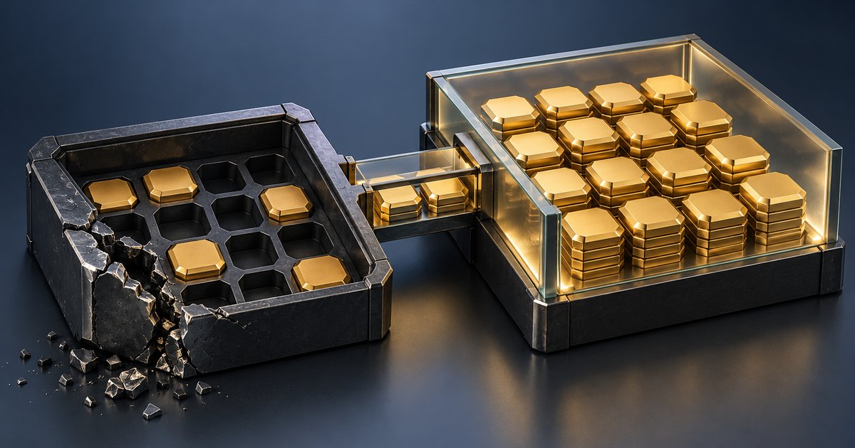 Editorial illustration: A cracked dark container holding a few gold tokens connects by a narrow transparent channel to a glass enclosure filled with stacks of matching tokens.