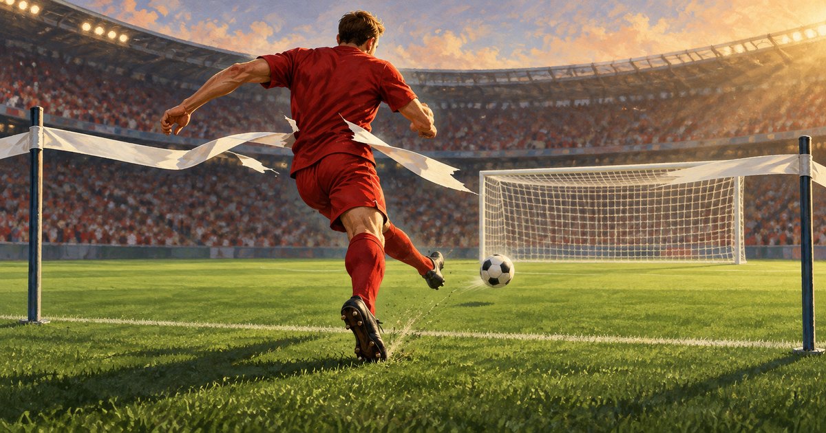 Editorial illustration: A footballer in red, seen from behind, kicks a ball toward goal while breaking a white finish-line ribbon in a crowded, sunlit stadium.