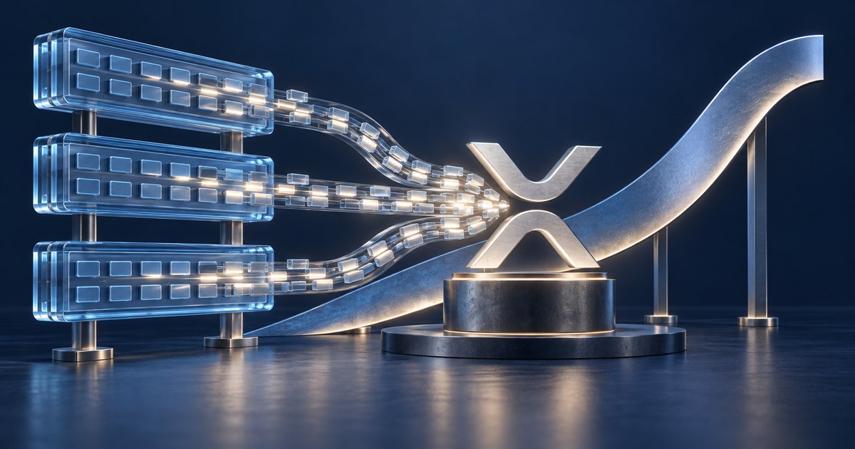 Editorial illustration: Glowing blocks flow from three transparent blue panels toward a silver XRP symbol on a pedestal, with a metallic ribbon curving upward behind it against a dark blue background.