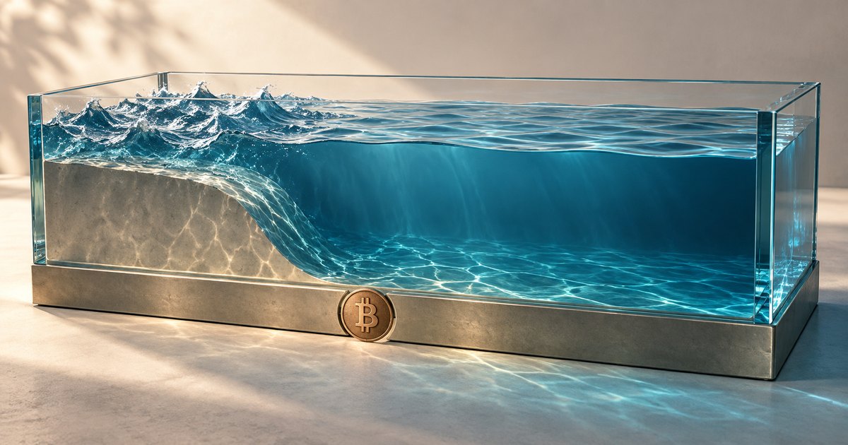 Editorial illustration: A glass tank contains choppy water above a shallow shelf on the left and smoother water over a deeper basin on the right. A Bitcoin coin rests against the tank’s metal base.