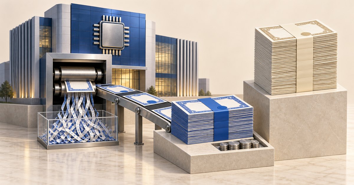Editorial illustration: A factory with a microchip emblem stands behind a conveyor feeding blue-bordered certificates into a shredder. A blue certificate bundle and coins occupy a low pedestal beside a taller cream-colored certificate stack