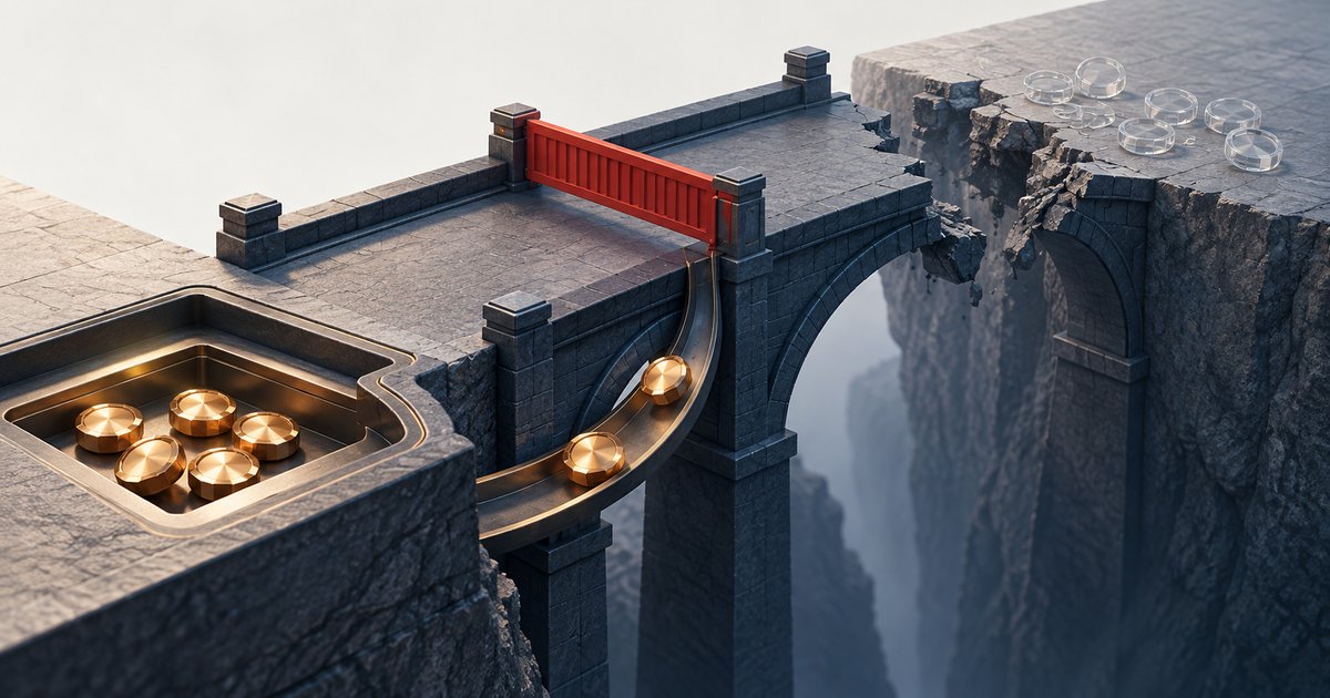 Editorial illustration: A red barrier blocks a broken stone bridge over a deep chasm. Gold tokens sit on a curved chute leading into a collection tray, while transparent token shapes rest across the gap.