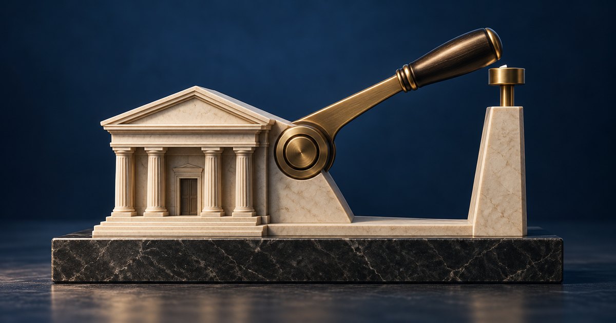 Editorial illustration: A miniature classical bank building connects to a raised brass lever with a dark wooden handle, mounted on a black marble base against a navy background.