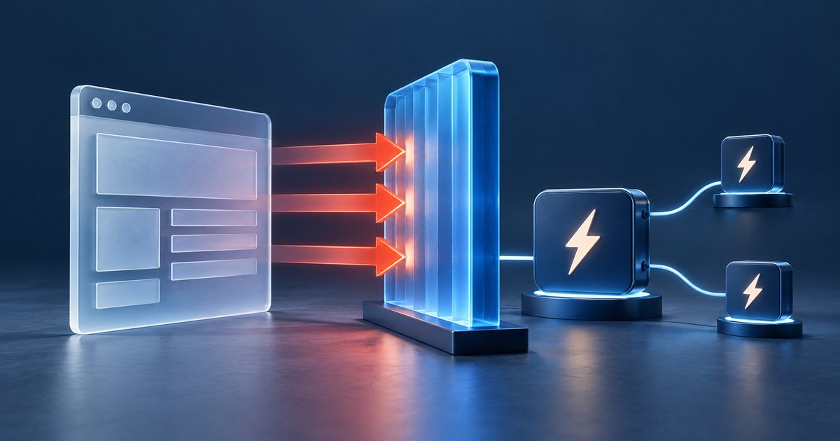 Editorial illustration: Three orange arrows from a stylized browser window meet a glowing blue barrier, with connected lightning-bolt nodes on the other side.