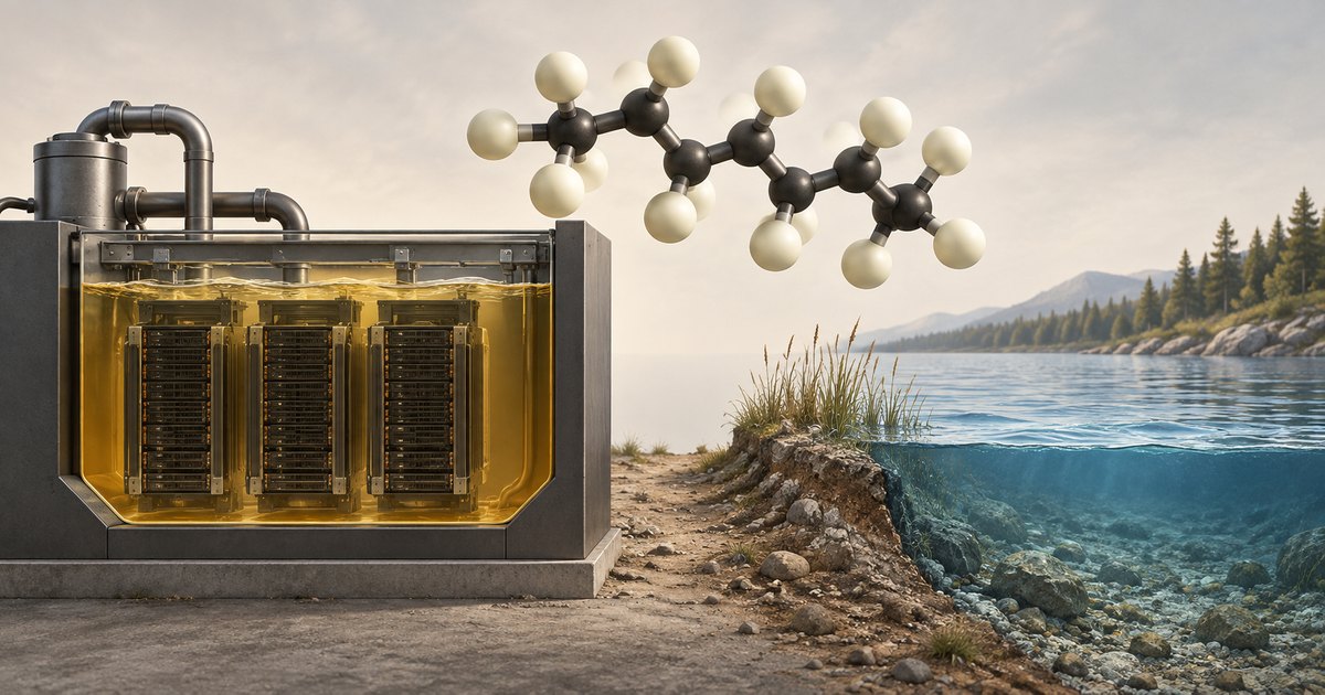 Editorial illustration: Three server racks sit submerged in golden liquid inside a metal cooling tank beside a lake shown above and below its surface. A large ball-and-stick molecular model floats overhead, with wooded hills in the distance
