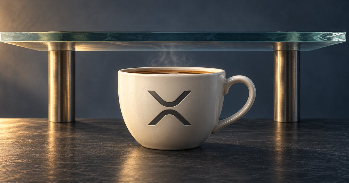 Editorial illustration: A cream coffee cup with an XRP symbol and a curved handle sits on a dark surface beneath a glass shelf supported by brass posts.