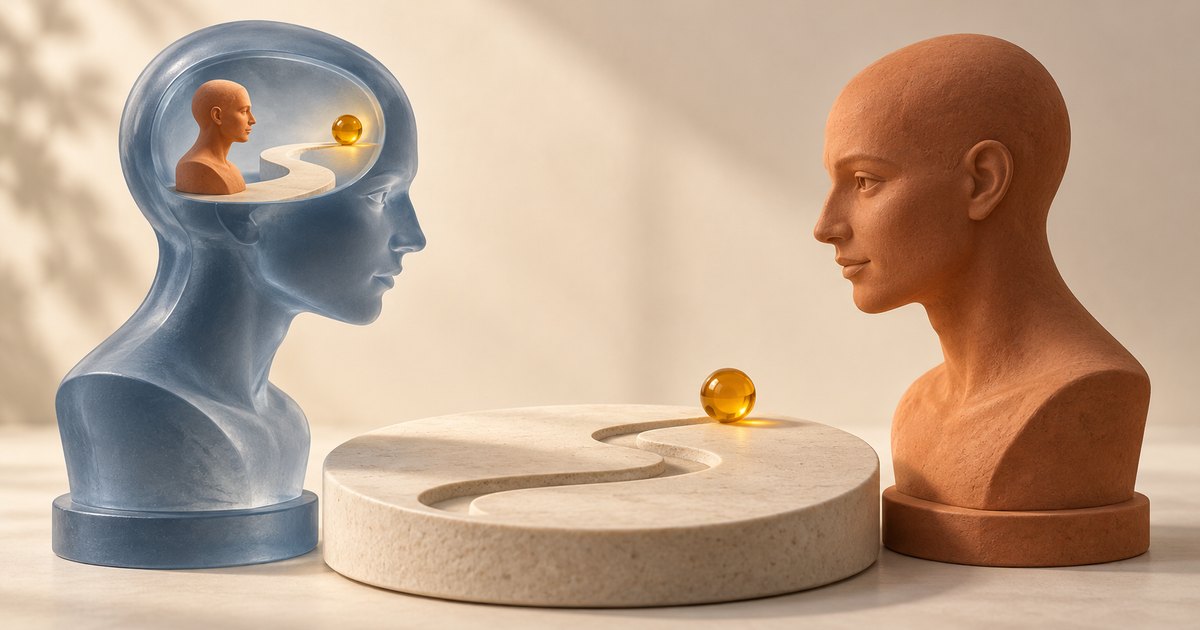 Editorial illustration: A translucent blue bust faces a terracotta bust across a curved stone path with a golden sphere. Inside the blue head, a smaller terracotta bust faces a similar path and sphere.