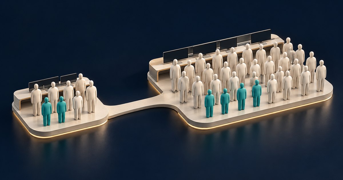 Editorial illustration: Two connected platforms hold groups of people beside computer monitors. The larger group contains more teal figures, but they form a smaller proportion among the cream-colored figures.