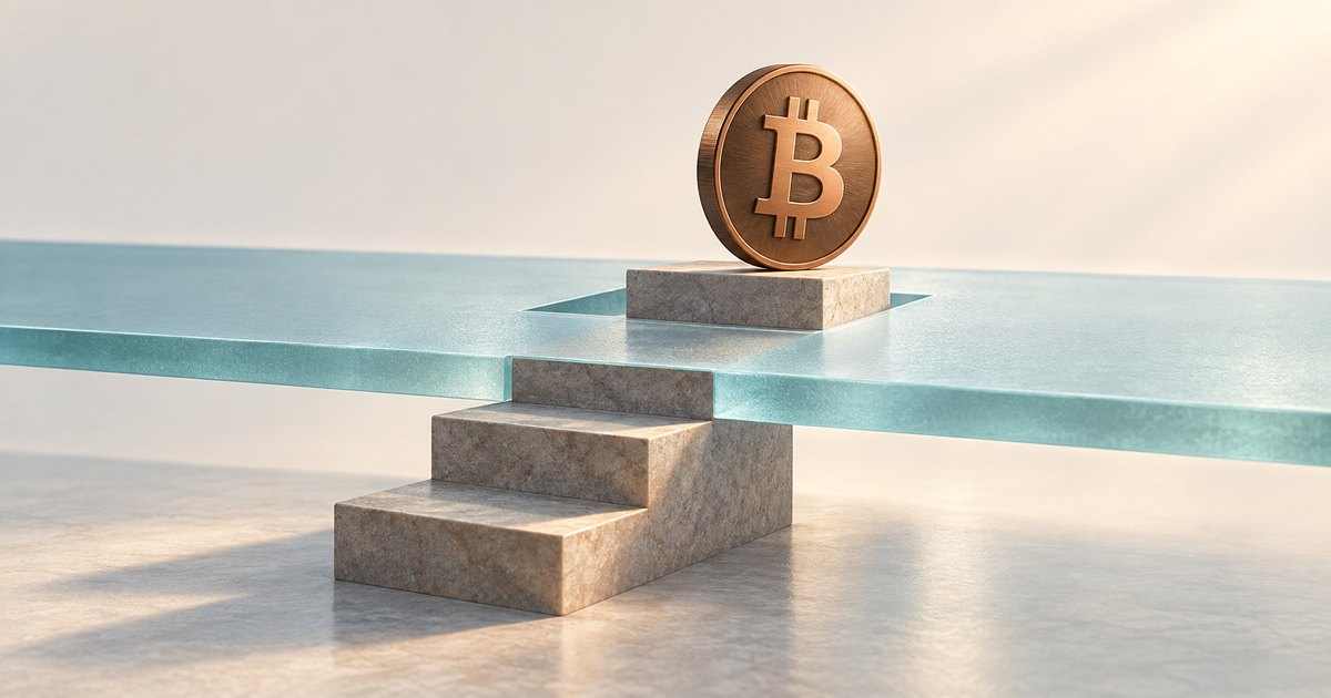 Editorial illustration: A bronze Bitcoin coin stands on a stone pedestal above a translucent turquoise plane, with stone steps rising toward it in warm light.