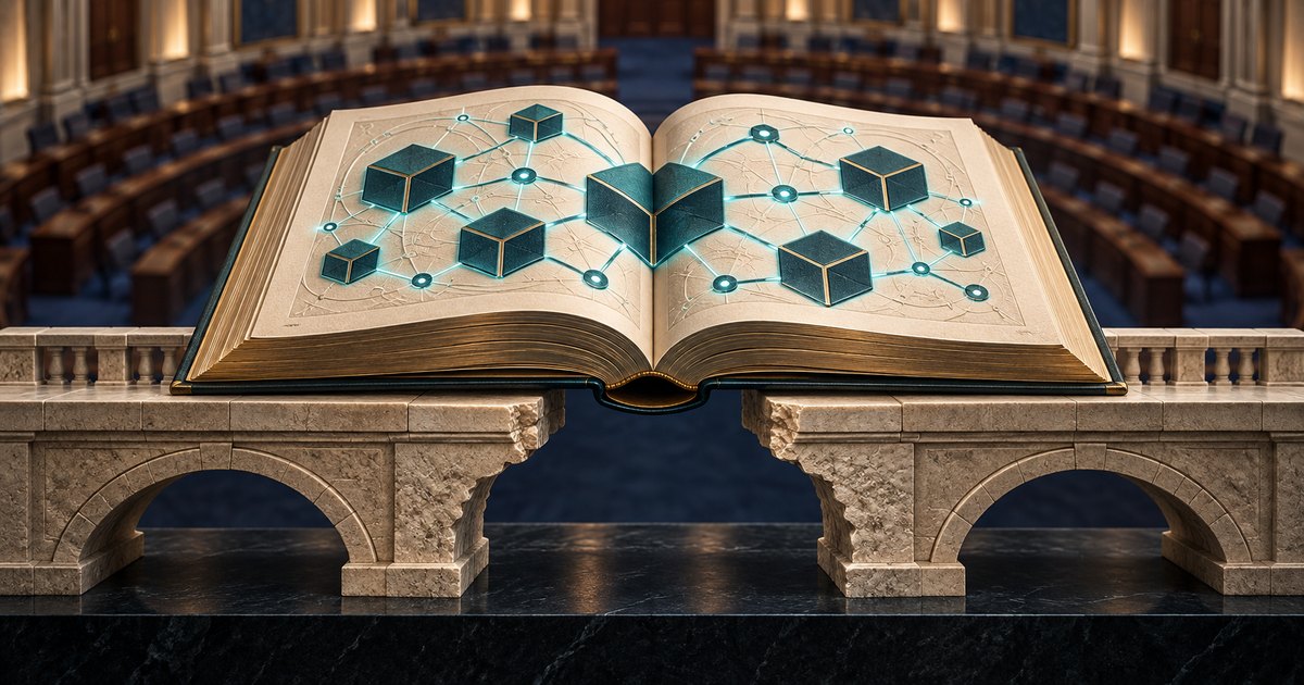 Editorial illustration: An oversized open book displaying teal interconnected blocks spans a gap in a broken stone bridge, with curved rows of legislative seating behind it.