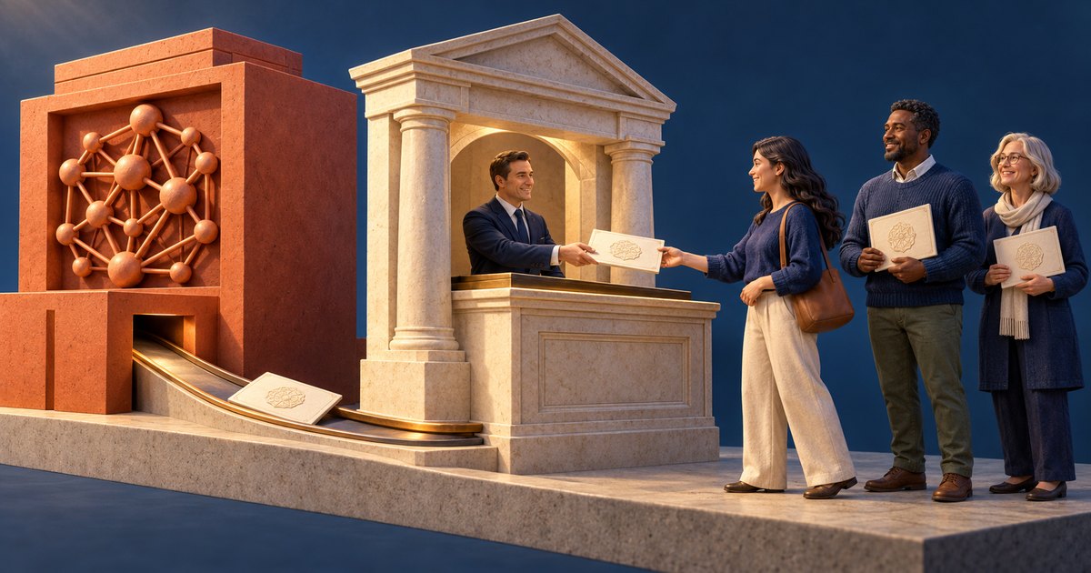 Editorial illustration: An orange machine with interconnected nodes feeds cream certificates along a track toward a stone bank counter. A banker hands a certificate to a woman, while two people wait holding matching certificates.
