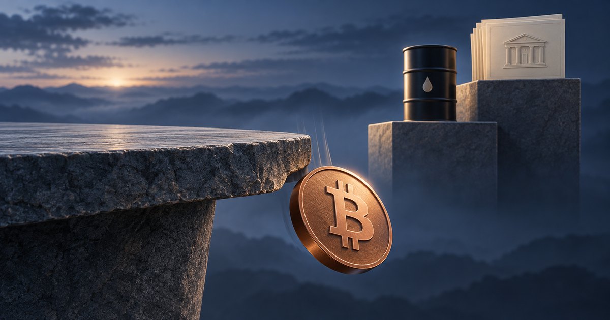Editorial illustration: A copper Bitcoin coin falls beside a rugged stone ledge. A black oil barrel and papers embossed with a classical building stand on elevated stone pillars against distant mountains.