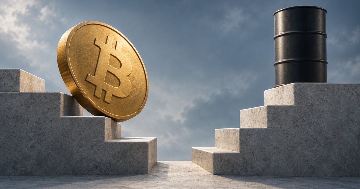 Editorial illustration: A large gold Bitcoin coin rests on concrete steps descending toward the center, opposite a black oil barrel atop steps rising to the right, beneath a cloudy sky.