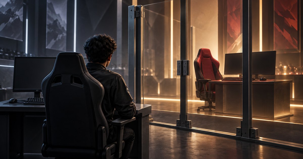Editorial illustration: A gamer sits at a dark computer station, looking toward an empty red gaming chair and desk beyond a glass partition in a warmly lit room.