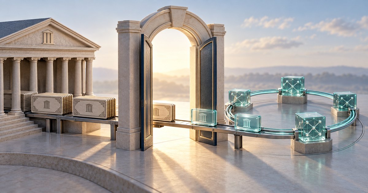 Editorial illustration: A conveyor carries certificates from a classical financial building through an open stone gateway, where transparent tokens join a glowing circular network of interconnected glass cubes.