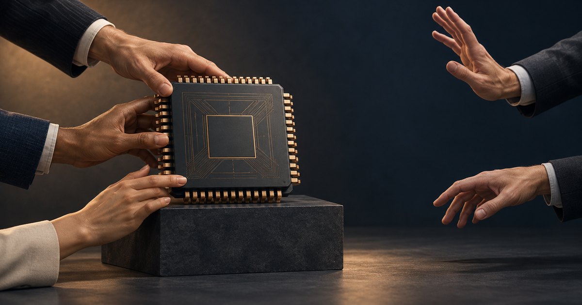 Editorial illustration: Three hands touch an oversized semiconductor chip on a dark pedestal, while two hands on the right hover apart from it, one with its palm raised.
