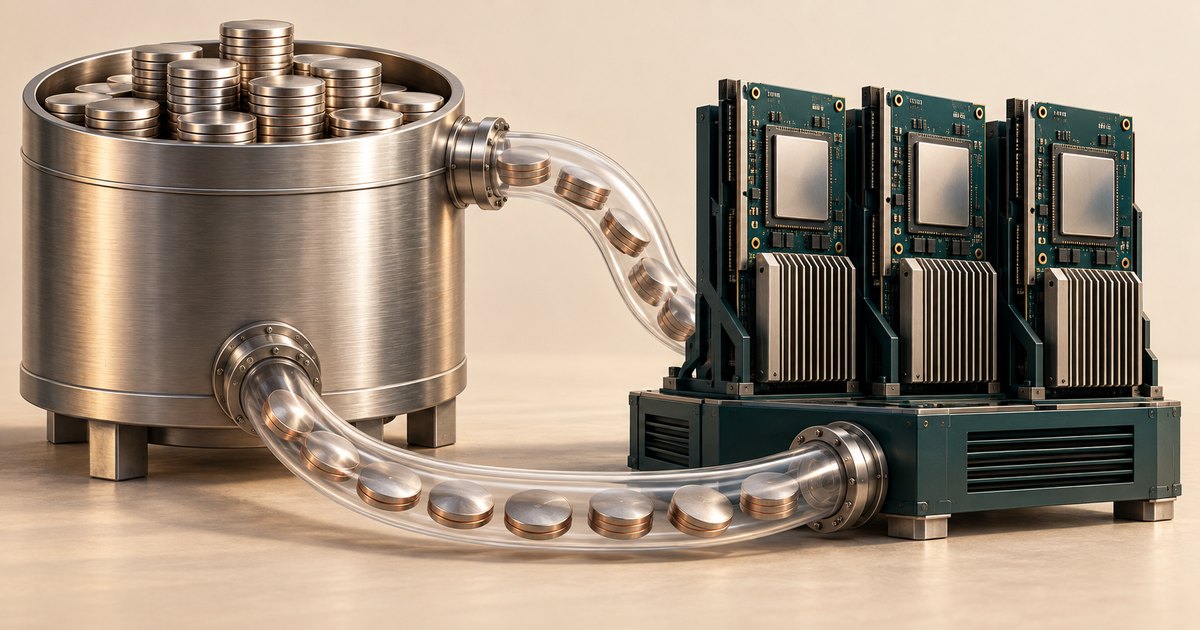 Editorial illustration: A large metal reservoir filled with stacked coins connects by clear, coin-filled tubes to three upright processor boards mounted on a dark green base.