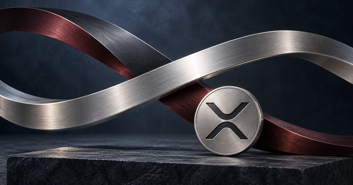 Editorial illustration: A silver coin bearing the XRP symbol rests on dark stone before sweeping, intersecting silver and burgundy metal ribbons.