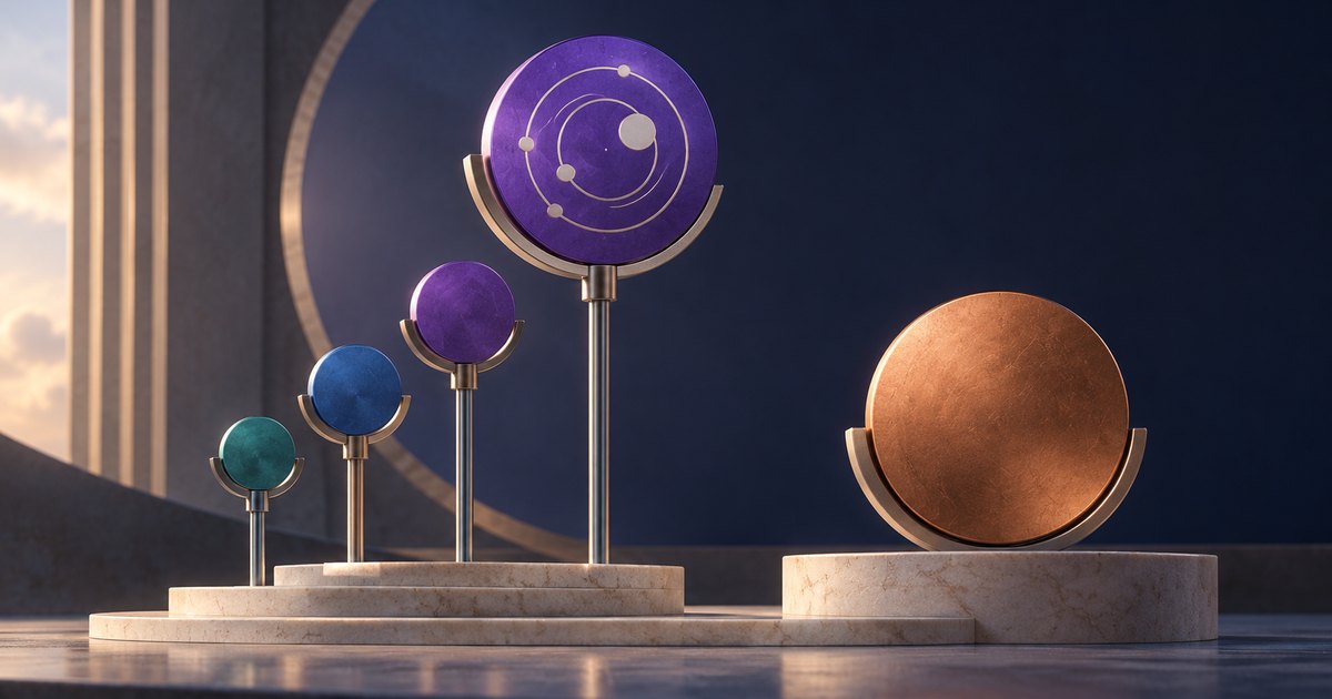 Editorial illustration: Colored discs on progressively taller gold stands culminate in a large purple disc bearing orbital lines. A copper disc sits separately on a low stone pedestal against a dark blue background.