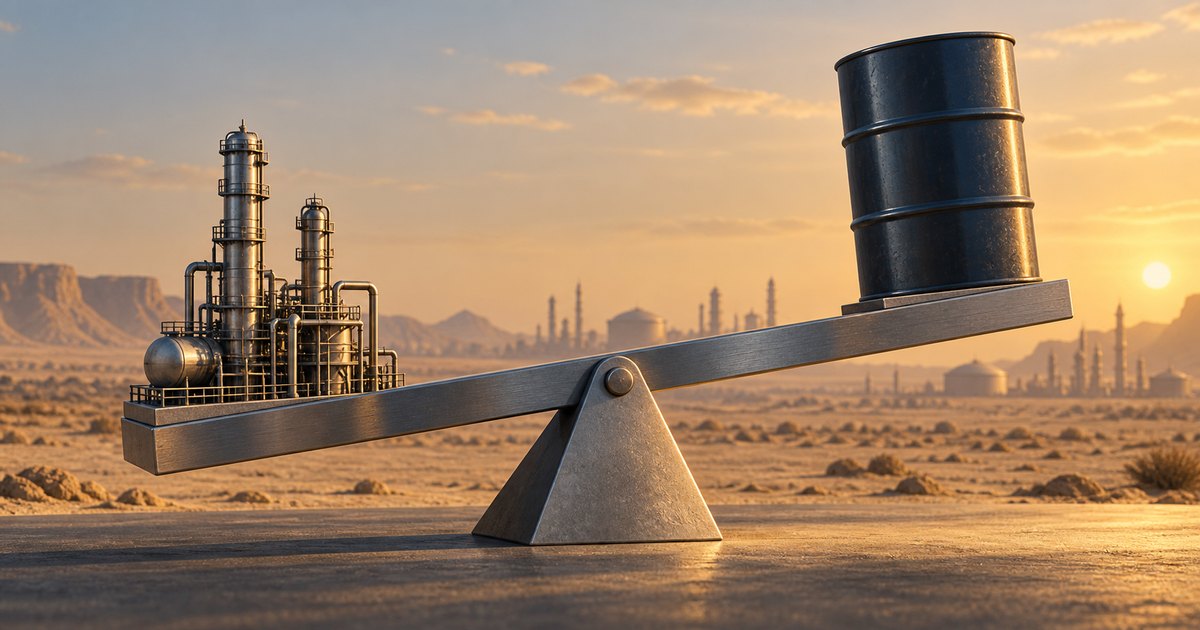 Editorial illustration: A miniature refinery rests on the lowered left end of a metal seesaw, opposite a large oil barrel on the raised right end, against a desert industrial landscape at sunset.