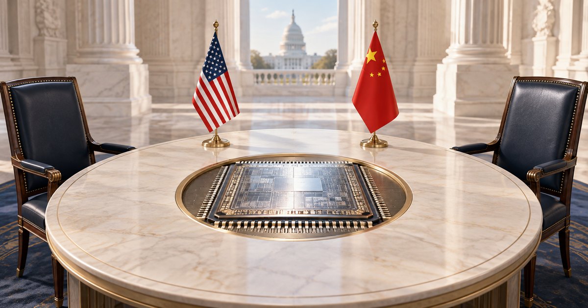 Editorial illustration: U.S. and Chinese flags stand on a marble table between two empty chairs. An oversized microchip fills the table’s center, with the U.S. Capitol visible beyond marble columns.