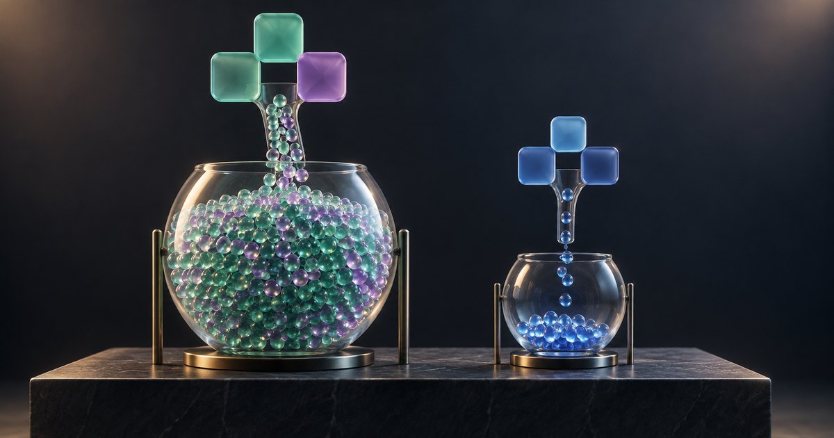 Editorial illustration: Green and purple beads pour from three rounded tiles into a large, nearly full glass bowl, while blue beads trickle into a smaller, mostly empty bowl on a dark stone platform.