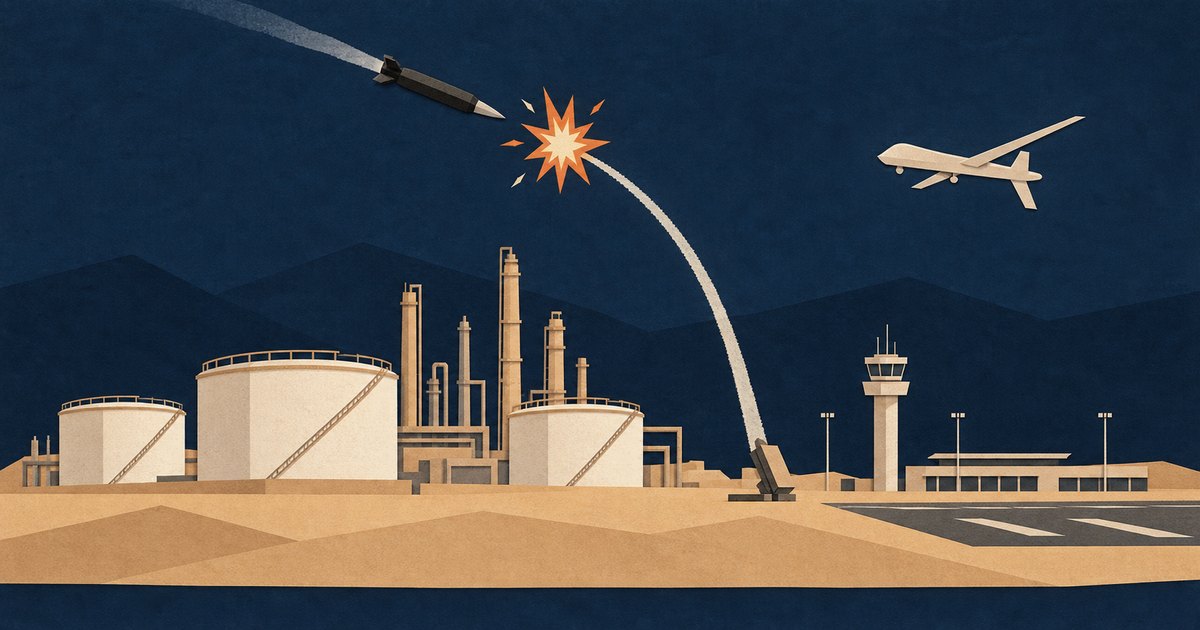 Editorial illustration: An interceptor's curved trail rises toward a starburst near an incoming missile above oil storage tanks and refinery towers. A drone flies over an adjacent airport control tower and runway.
