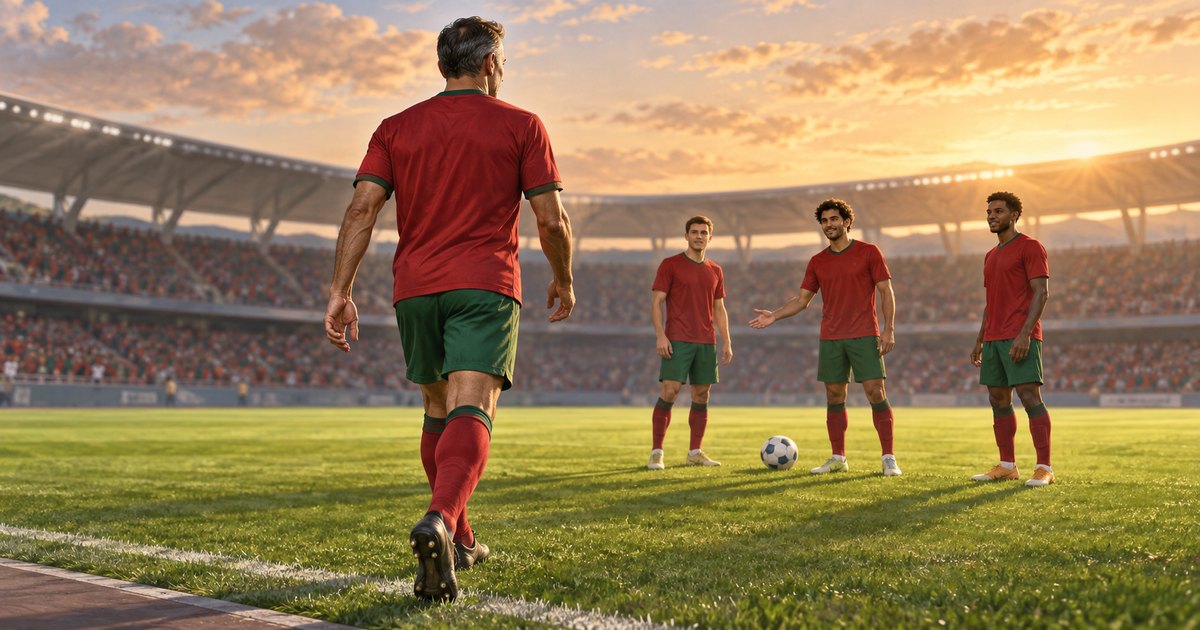 Editorial illustration: A gray-haired footballer seen from behind walks toward three younger teammates wearing red shirts and green shorts. A ball rests between them on a stadium pitch in warm sunset light.