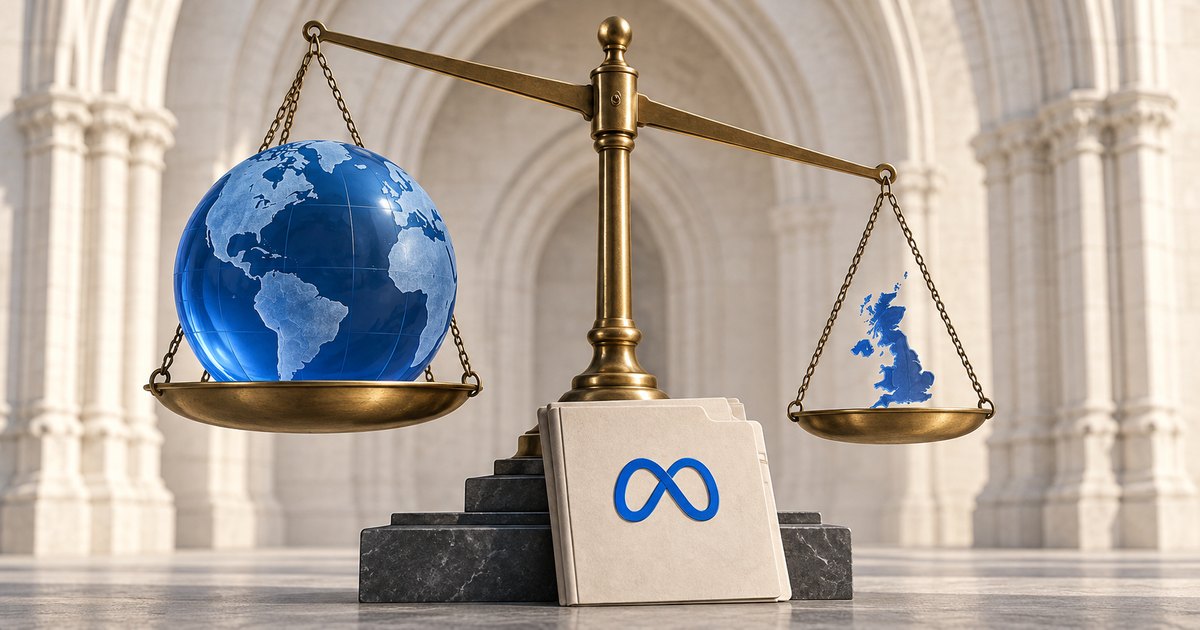 Editorial illustration: Brass scales hold a blue globe on one pan and a blue UK silhouette above the other. Folders bearing Meta’s blue symbol lean against the base in a vaulted stone interior.