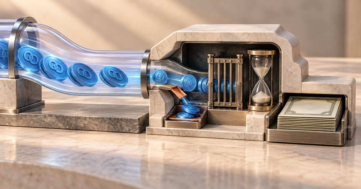 Editorial illustration: Blue tokens flow through a transparent tube into a stone-and-brass machine. Some drop into a small tray, while others approach metal bars beside an hourglass and a stack of blank banknotes.
