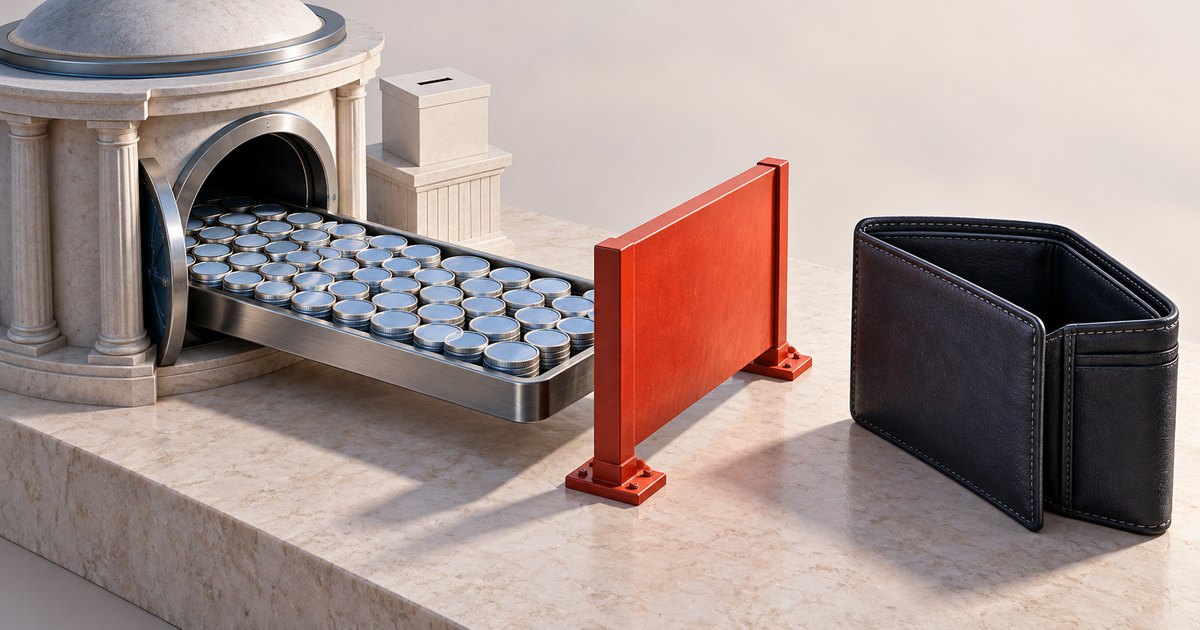 Editorial illustration: A tray packed with silver coins extends from a stone vault toward a red barrier, with an open black wallet on the other side.