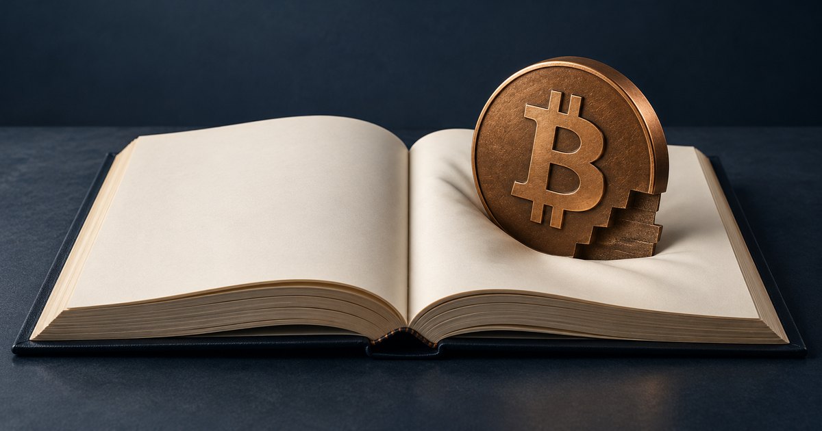 Editorial illustration: A bronze bitcoin coin with a stepped cutout along its lower-right edge stands on the blank pages of an open book against a dark background.
