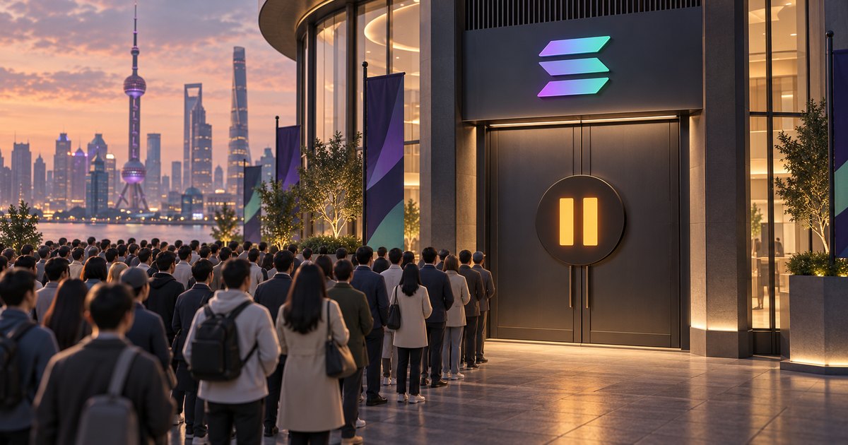 Editorial illustration: A crowd queues outside closed entrance doors bearing a glowing pause symbol beneath the Solana logo, with Shanghai’s skyline across the water at sunset.