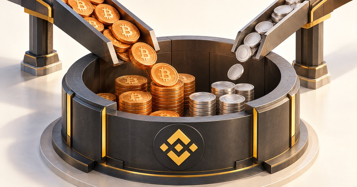 Editorial illustration: Gold Bitcoin coins and plain silver coins tumble from two elevated chutes into a circular dark metal container bearing the Binance symbol.