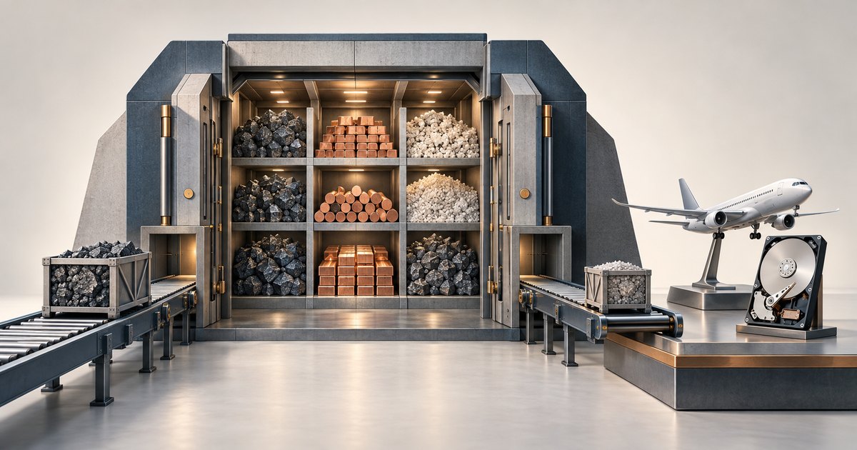 Editorial illustration: An open vault holds piles of dark and pale minerals alongside copper-colored bars and cylinders. Conveyors carry mineral crates beside a platform displaying a passenger aircraft model and an exposed hard drive.