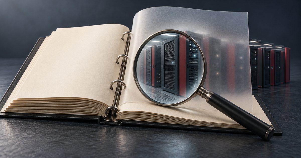 Editorial illustration: A magnifying glass rests across an open ring binder, bringing server racks into sharp focus through a translucent page, with more racks behind the binder.