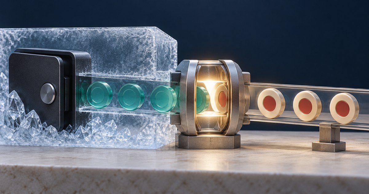 Editorial illustration: A dark hardware wallet sits inside an icy enclosure. Teal discs extend through a transparent channel into a glowing metal chamber, while cream discs with red centers continue along the channel outside the ice.